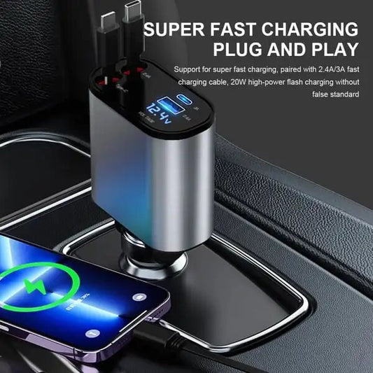 4 IN 1 Retractable Car Fast Charger USB C-Lighting- USB 2.0 Cable